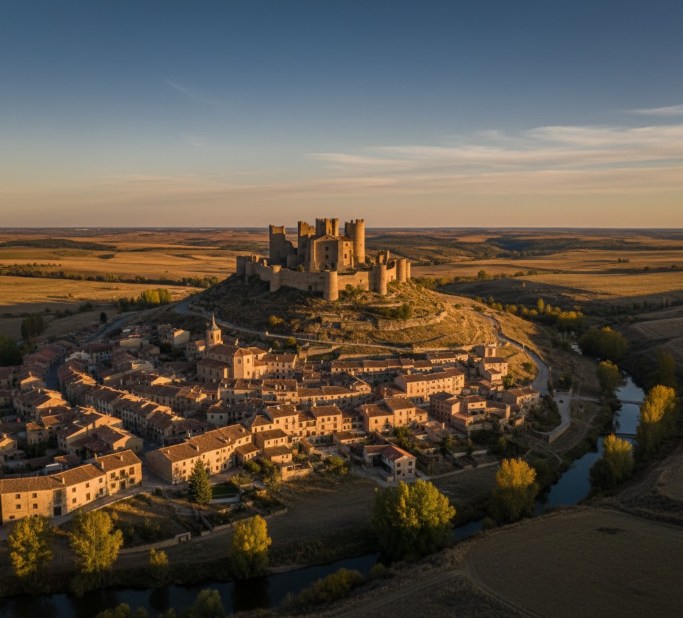 Vista panorámica de Berlanga de Duero con el castillo sobre el cerro