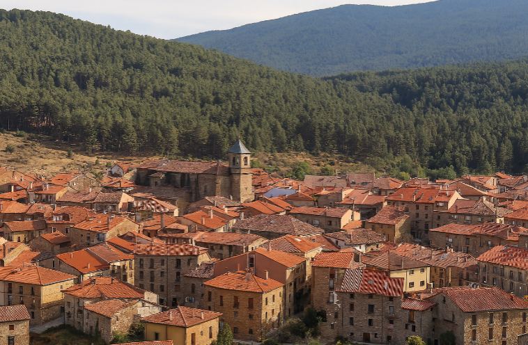 Vista panorámica de Vinuesa, pueblo serrano con tejados rojos y el paisaje de pinares