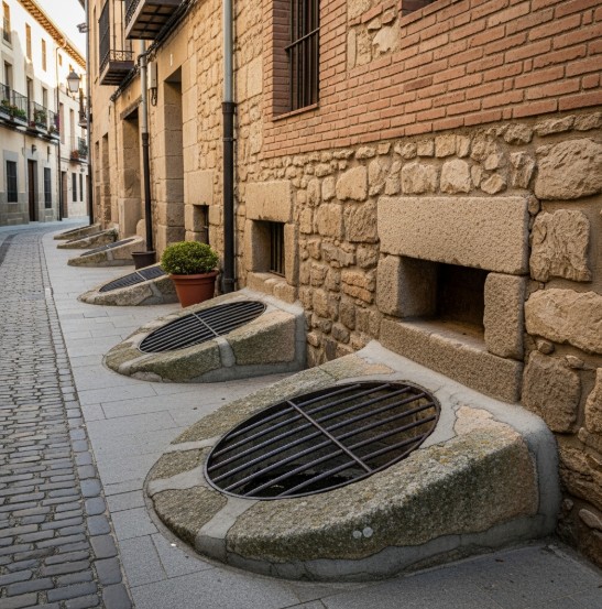 Zarceras (respiraderos) de las bodegas subterráneas en una calle de Aranda
